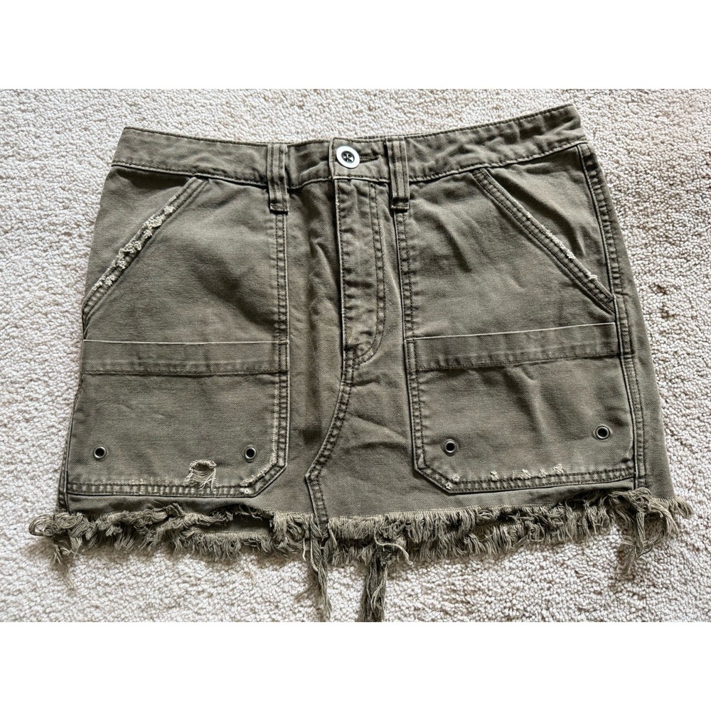 Free People Green Denim Mini‎ Skirt Size 27 Distressed Raw Hem